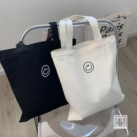 Smiley Face Canvas Tote Bag – Black & White