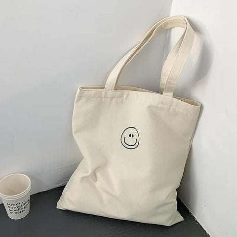 Smiley Face Canvas Tote Bag – Black & White