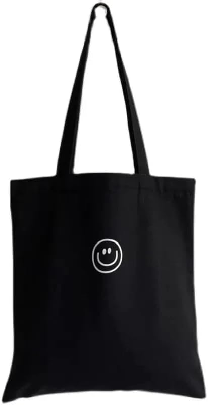 Smiley Face Canvas Tote Bag – Black & White