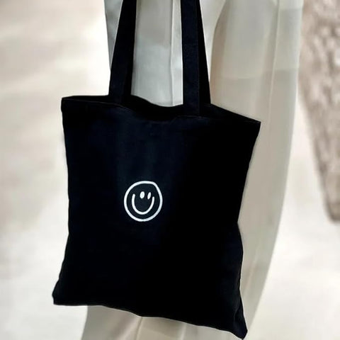 Smiley Face Canvas Tote Bag – Black & White